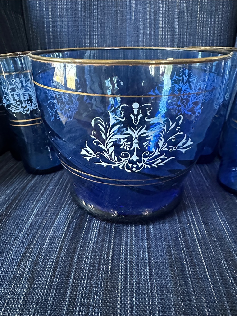 Set of 6 blown glass pontil cobalt blue gilt edge highball glasses and ice bowl - Picture 2 of 8